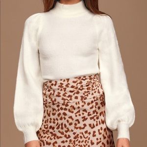 Off White Mock Neck Puff Shoulder Sweater